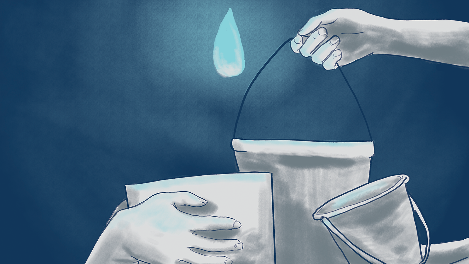 Illustration by Jesseca Buizon of a single water drop falling towards three buckets being held.