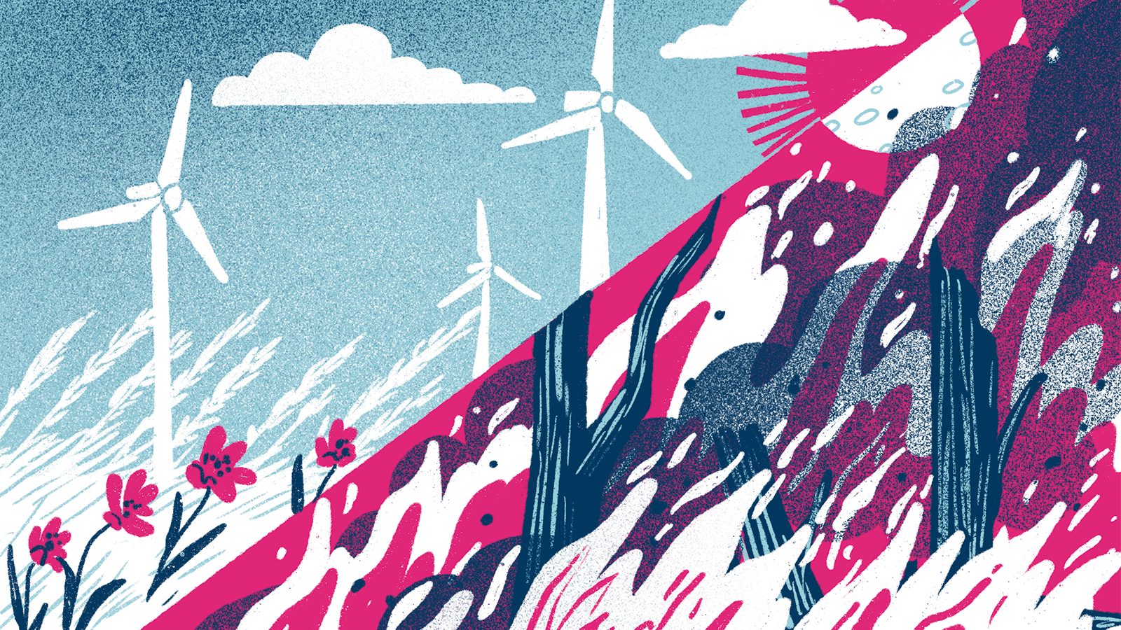 An illustration of 2 different climates, one with windmills to showcase new environmental tech