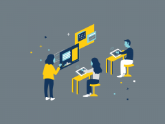 Illustration of people sitting at yellow desks working on devices that are sending signals to display screens.
