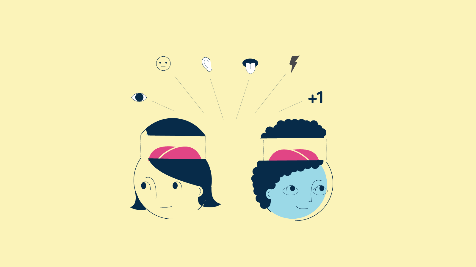 Abstract Illustration of cartoon people with the top of their heads raised displaying their brains, and symbols floating above.