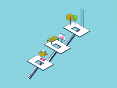 Illustration of floating platforms connected by stairs and a ladder on the highest one.