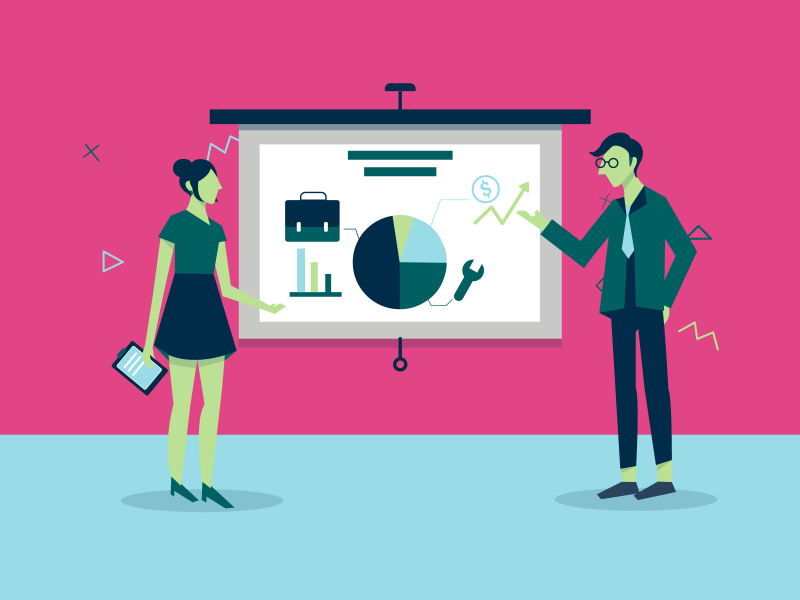 Illustration of two workers giving presentation in front of screen.