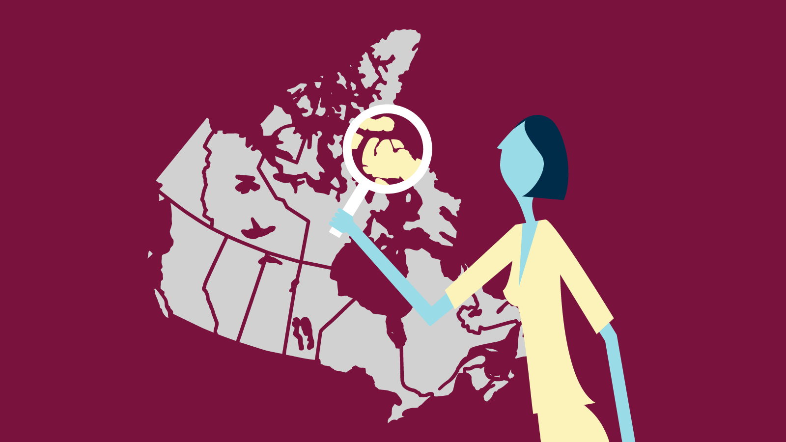 Illustration of woman looking at map of Canada through magnifying glass on burgundy background.