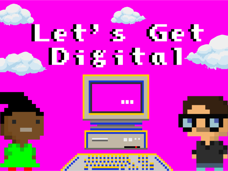 Illustration of two people, a computer, and clouds on a magenta background.