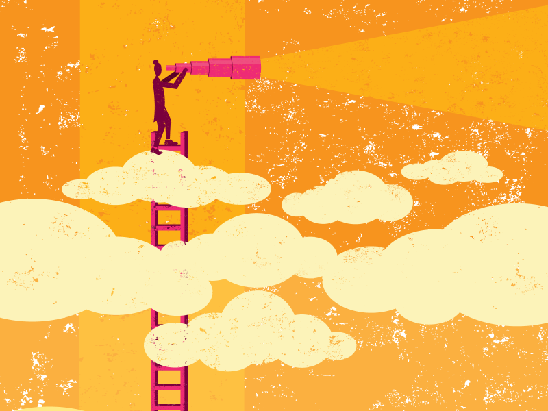 Illustration of person on ladder in clouds looking through giant telescope.