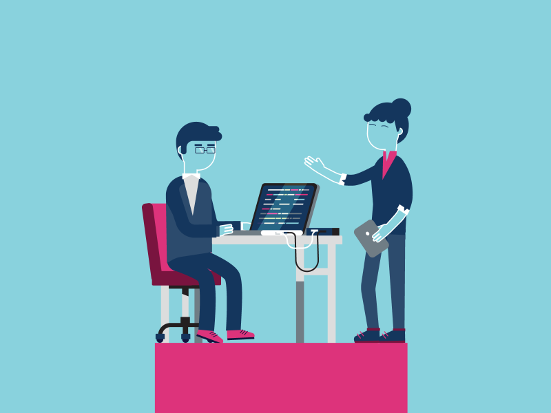 Illustration of two people working (one sitting, one standing) at a laptop on a desk on a raised platform.