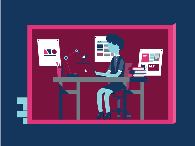 Illustration of a person sitting at a desk working on a laptop.