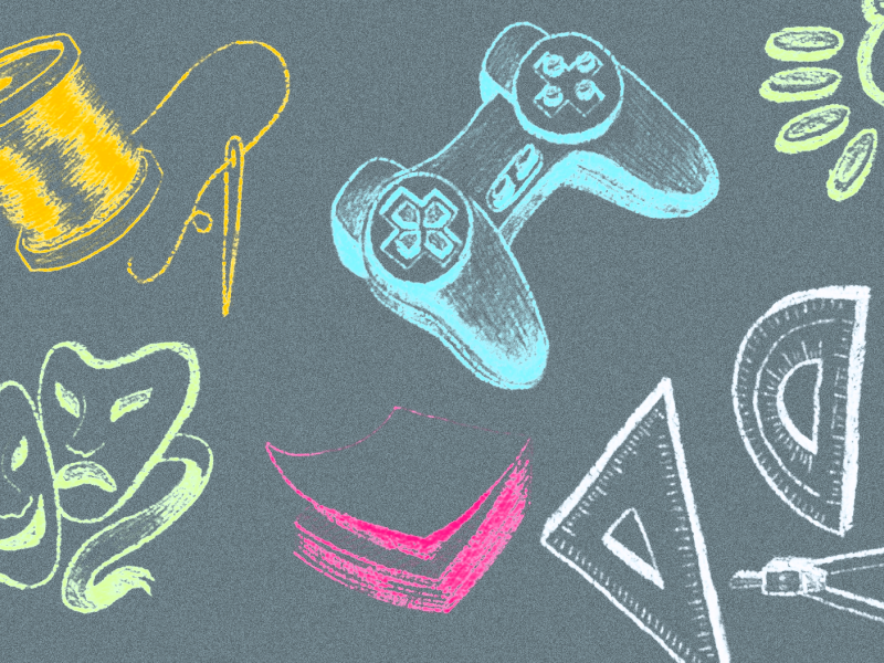 Abstract illustration of creative items including theatre mask, video game controller.