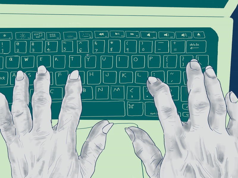Illustration by Jesseca Buizon of grey hands typing on green computer.