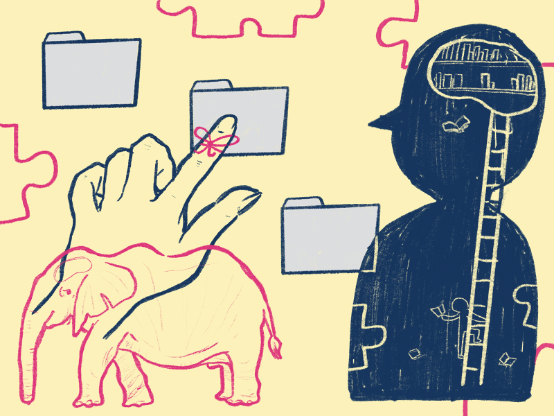 Abstract illustration of hand selecting computer folder next to human silhouette and elephant.