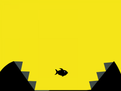 Illustration of a fish on a yellow background swimming in the jaws of a larger creature.