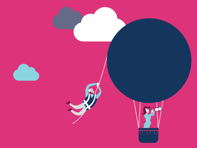 Illustration of person in hot air balloon with someone hanging off it.