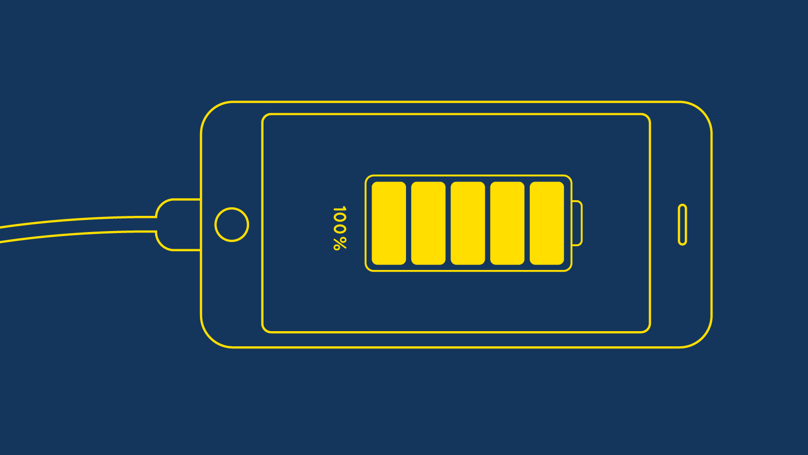 Illustration of cell phone charging with battery at 100%.
