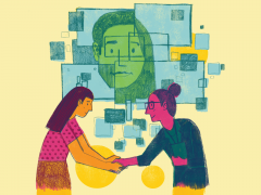 Illustration of two women shaking hands in front of picture of woman.