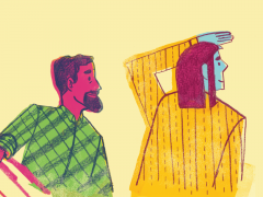 Illustration of two people looking out into the distance on a yellow background.