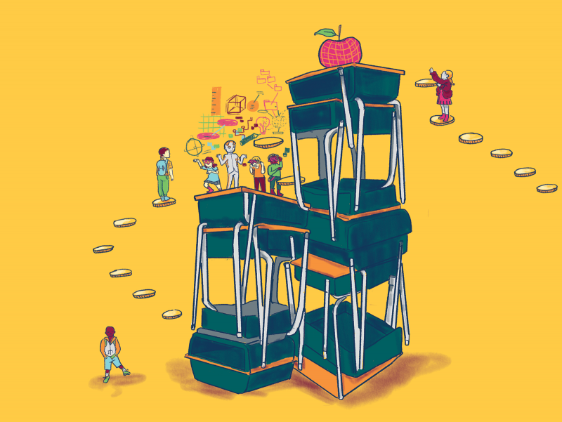 Illustration by Jesseca Buizon of students climbing giant school desk chairs.